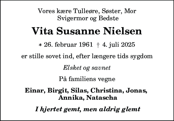 Dødsannonce for Vita Susanne Nielsen