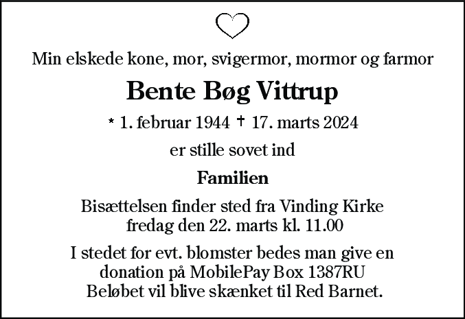 Dødsannonce for Bente Bøg Vittrup