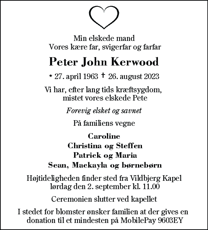 Dødsannonce for Peter John Kerwood