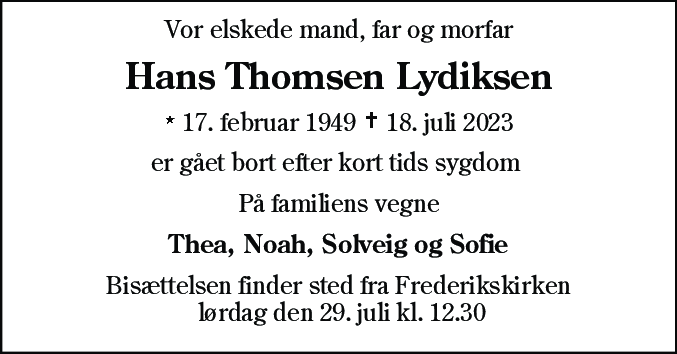 Dødsannonce for Hans Thomsen Lydiksen