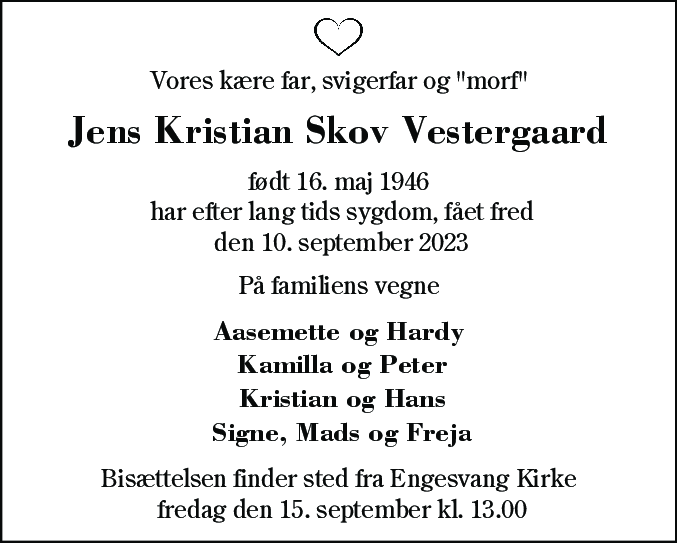 Dødsannonce for Jens Kristian Skov Vestergaard