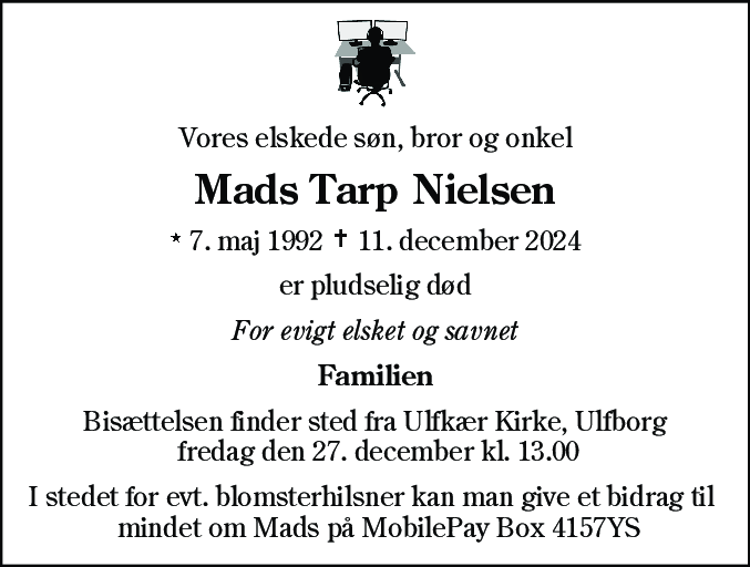 Dødsannonce for Mads Tarp Nielsen