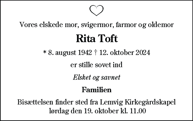 Dødsannonce for Rita Toft