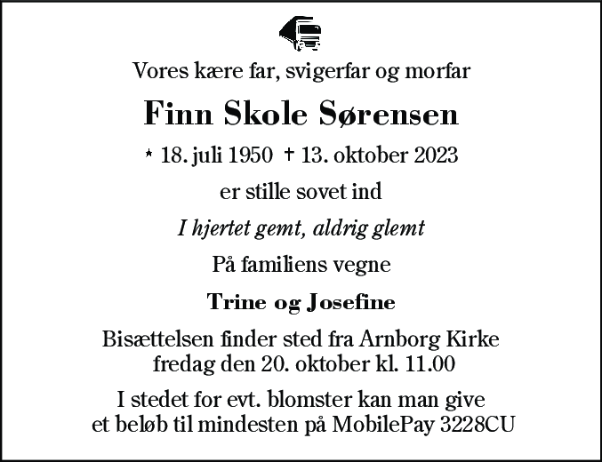 Dødsannonce for Finn Skole Sørensen