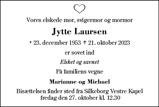 Dødsannonce for Jytte Laursen