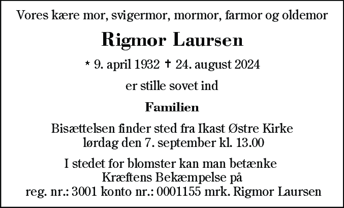 Dødsannonce for Rigmor Laursen