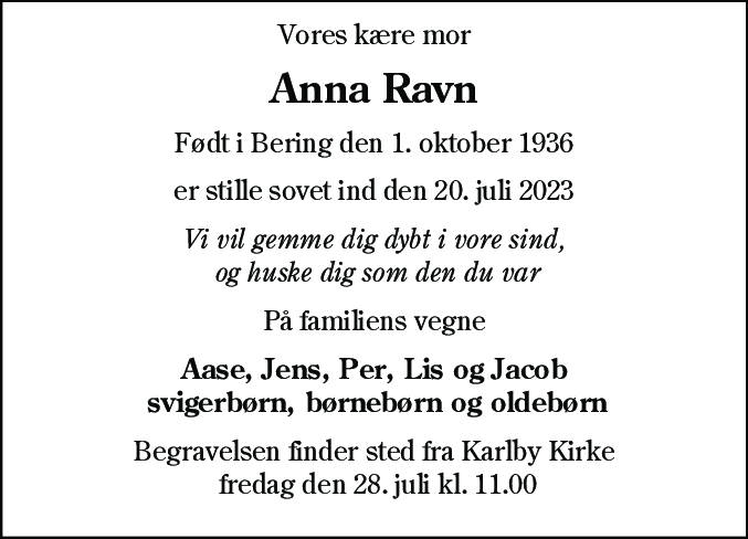 Dødsannonce for Anna Ravn