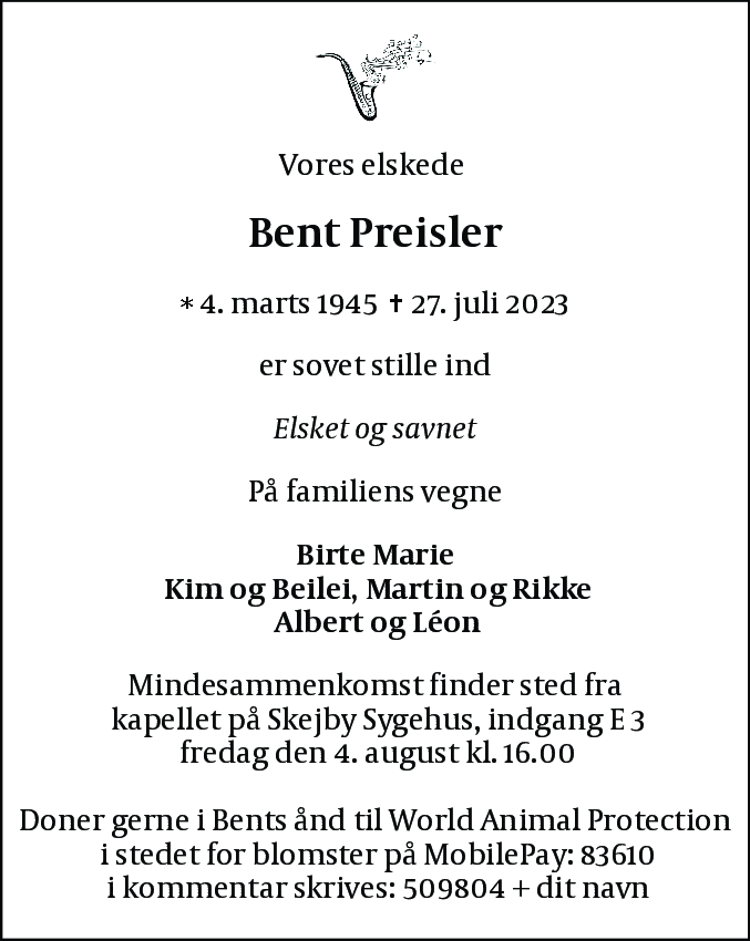 Dødsannonce for Bent Preisler