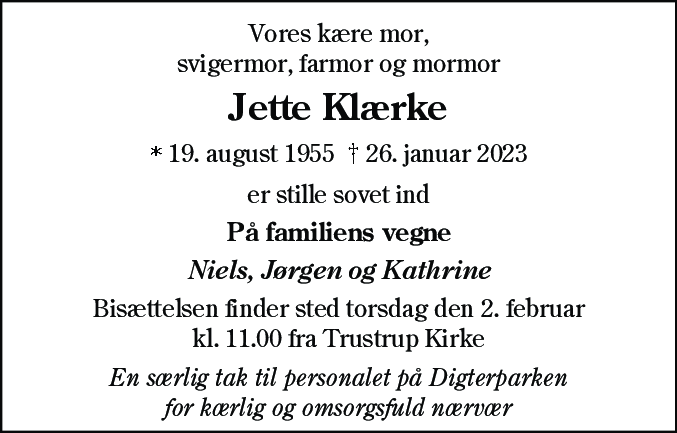 Dødsannonce for Jette Klærke