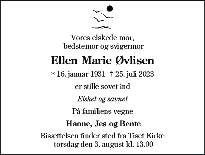 Dødsannonce for Ellen Marie Øvlisen