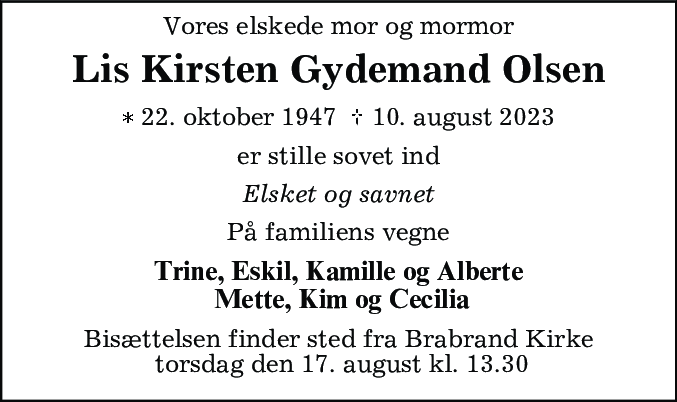 Dødsannonce for Lis Kirsten Gydemand Olsen