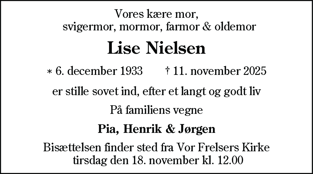 Dødsannonce for Lise Nielsen